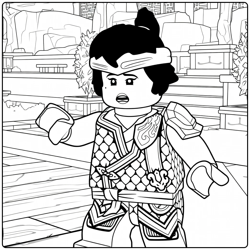 kleurplaat ninjago nya met de minifiguur in blauwe wapenrusting en topknot