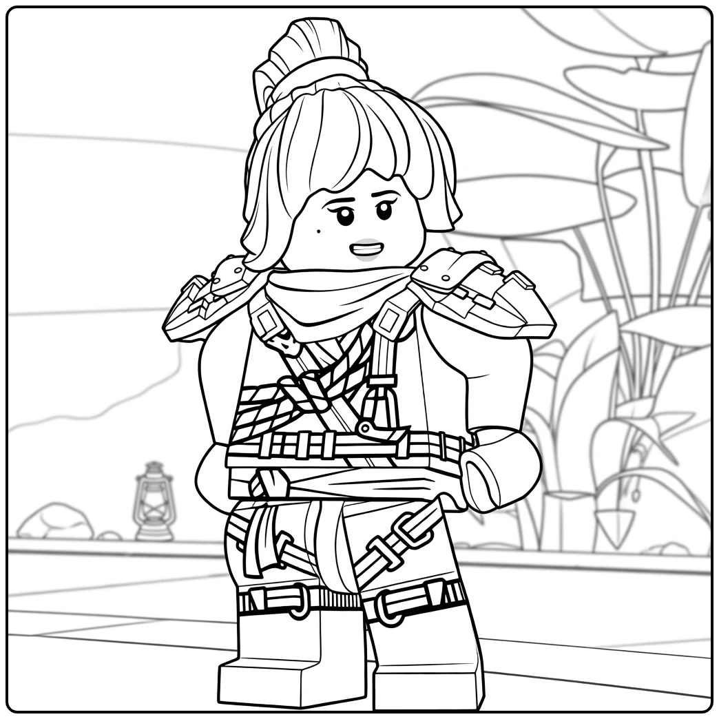 kleurplaat ninjago nya als minifiguur met paardenstaart en handen achter de rug