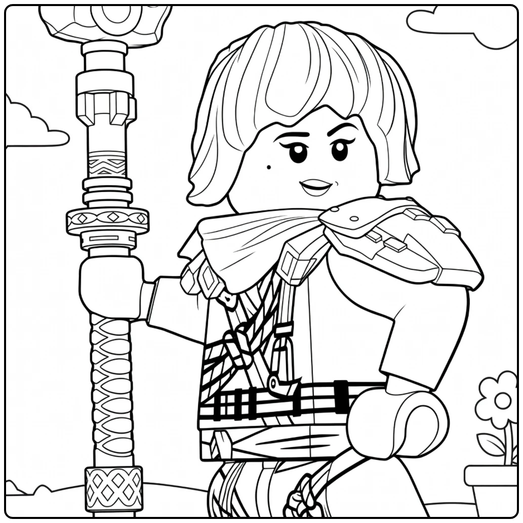 Ninjago Nya met bobkapsel en staf in beide handen kleurplaat ninjago nya