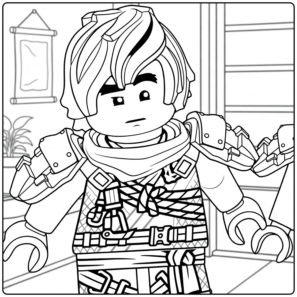 kleurplaat ninjago cole van een ninja met spiky haar en harnas die rechtop staat