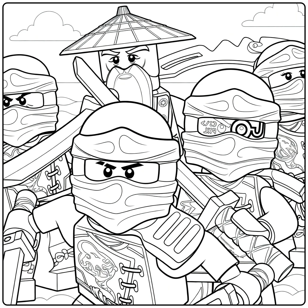 ninjago kleurplaat met een groep strijders die wapens vasthouden