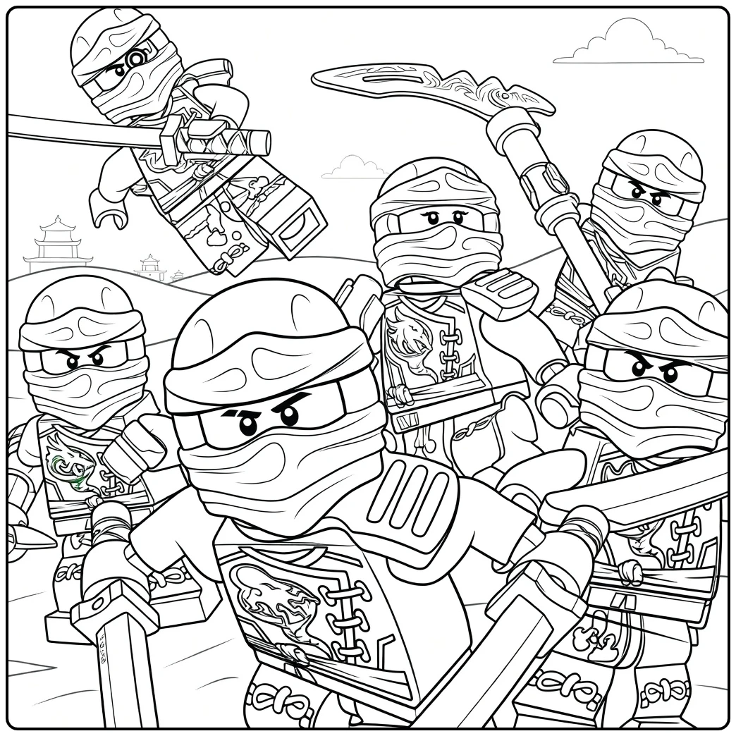 ninjago kleurplaat met humanoid figuren die wapens omhoog houden in dynamische poses