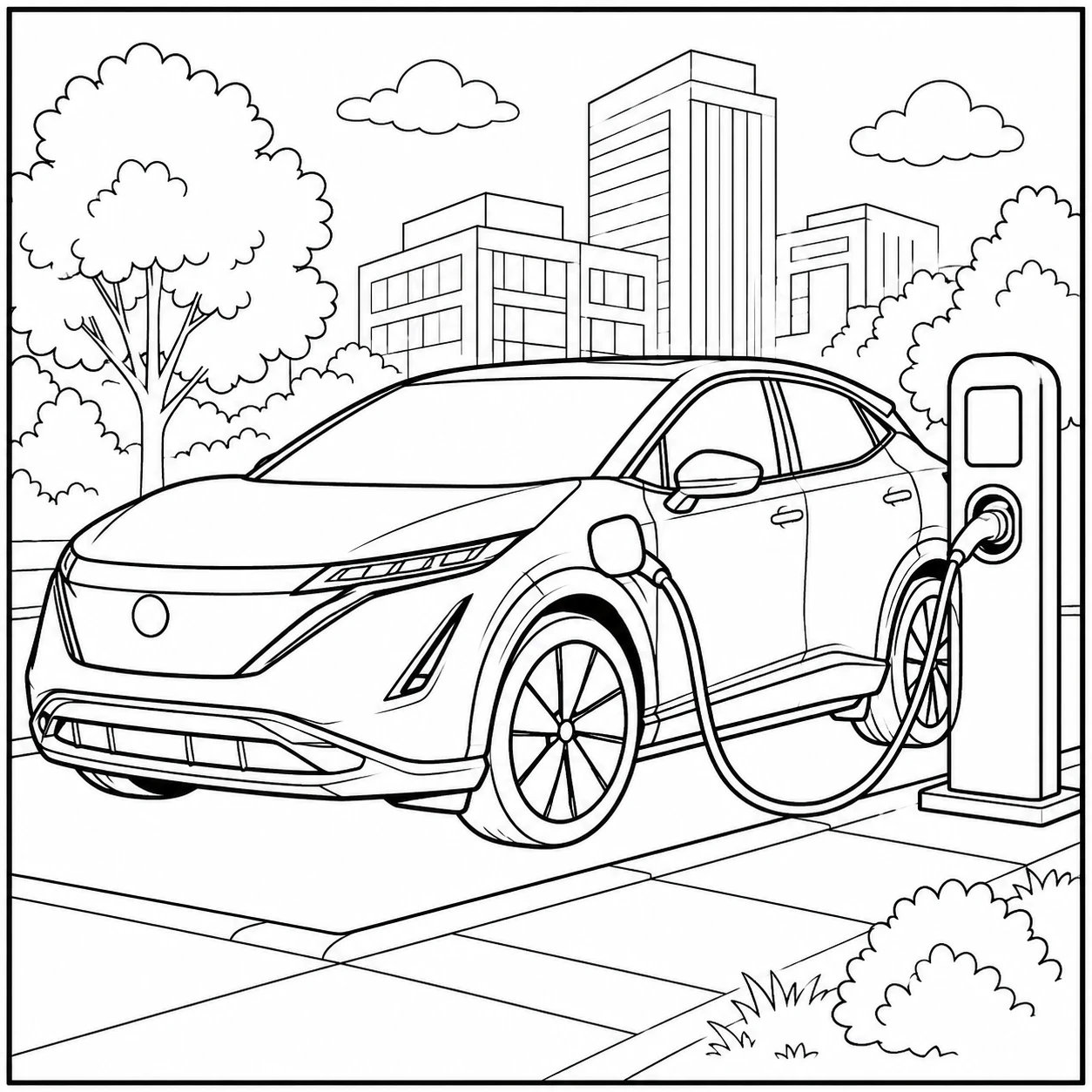Kleurplaat auto nissan met elektrische wagen naast een laadpaal in een groene stad