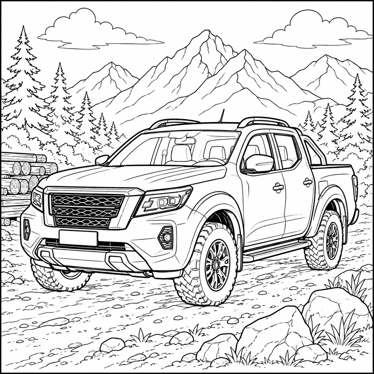 Nissan Navara pickup met grote banden in een bergachtig landschap
