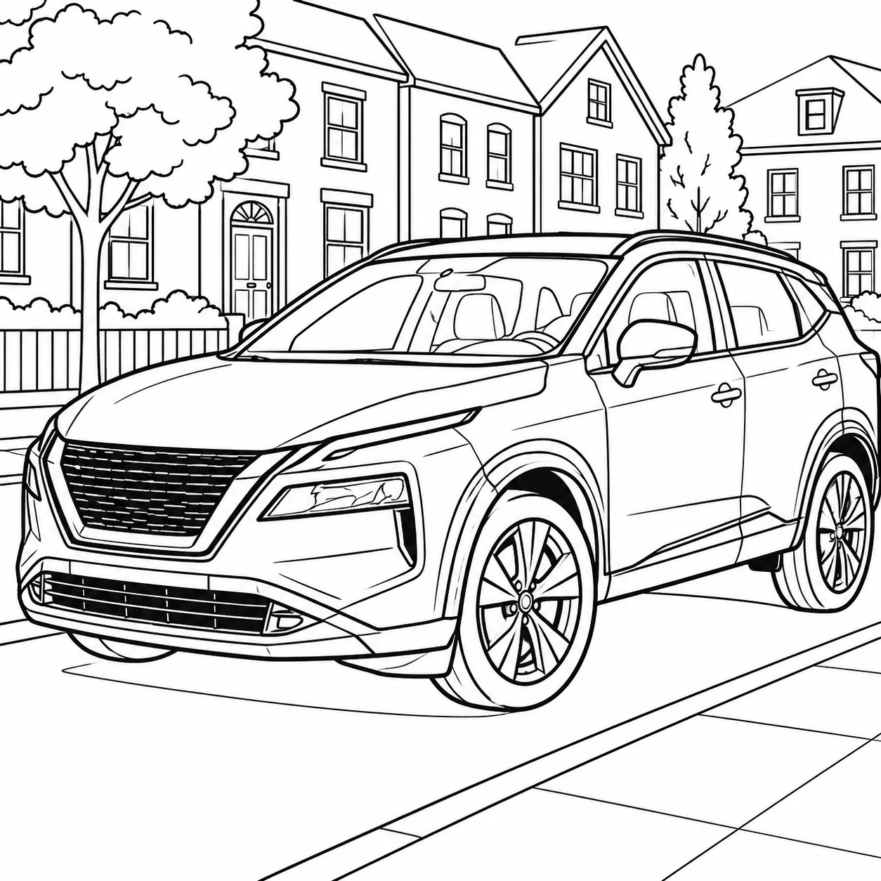 Nissan SUV op een straat met huizen, bomen en brede banden voor een avontuurlijke sfeer