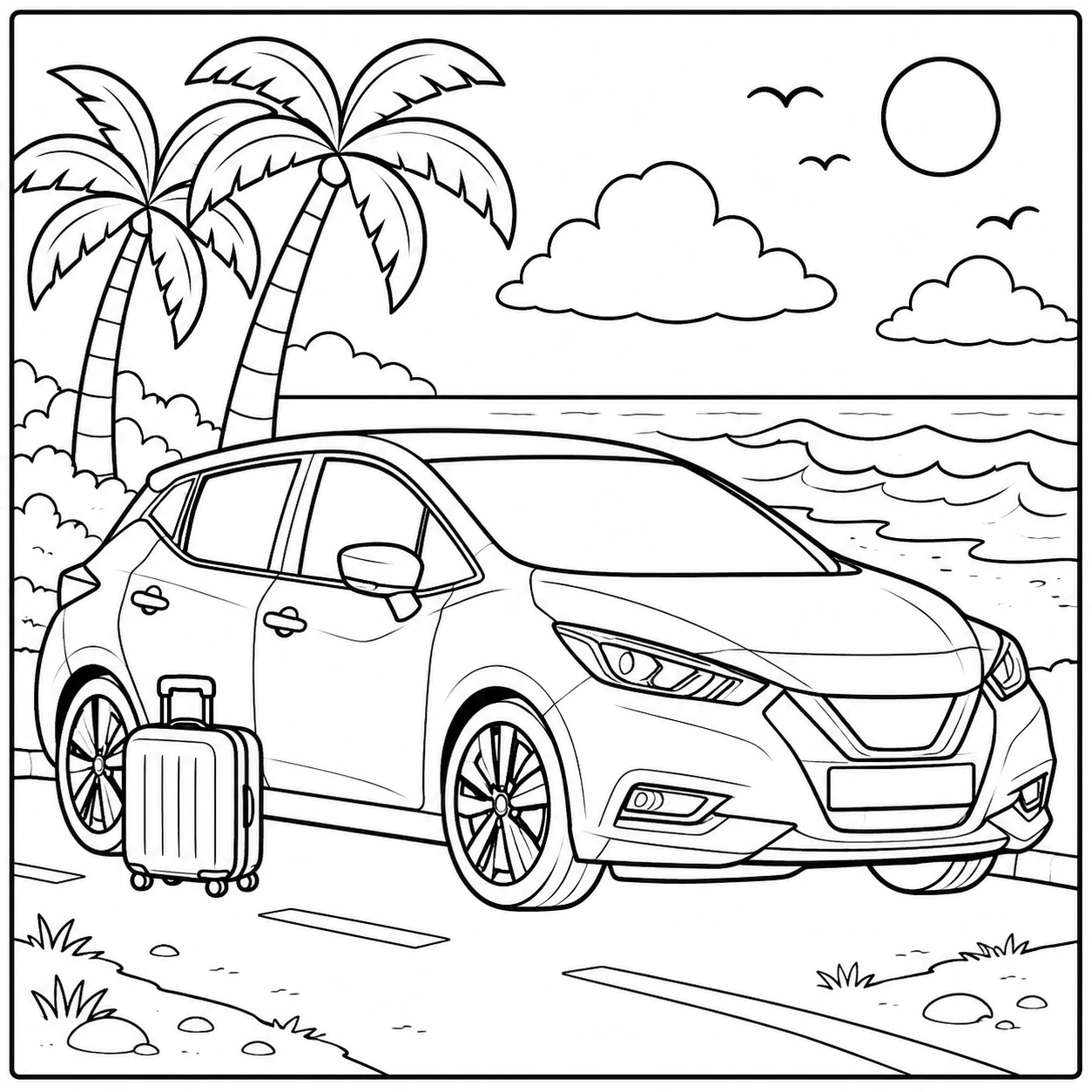 Kleurplaat auto nissan met een gezinsauto bij het strand, palmbomen en een koffer naast de wagen