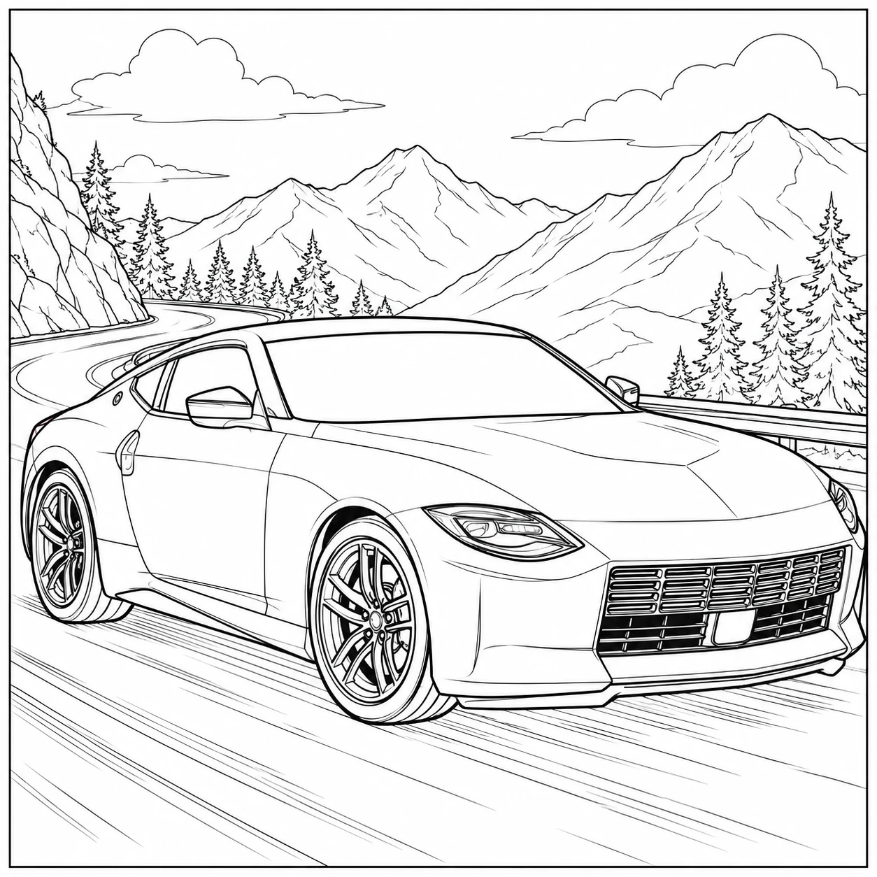 Nissan Z sportcoupé met bergachtergrond en aerodynamische carrosserielijnen