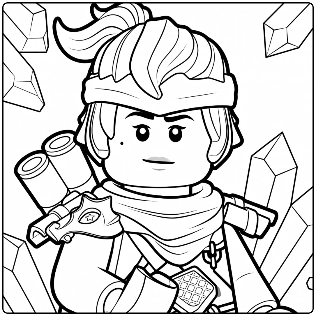 kleurplaat ninjago nya van Nya met paardenstaart en hoofdband die een rasterobject vasthoudt