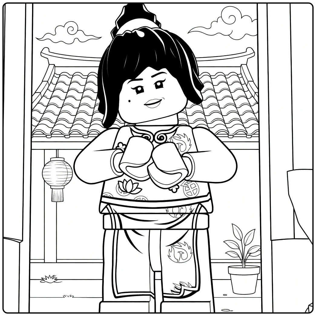 kleurplaat ninjago nya met Nya die met samengevouwen handen voor een deur staat