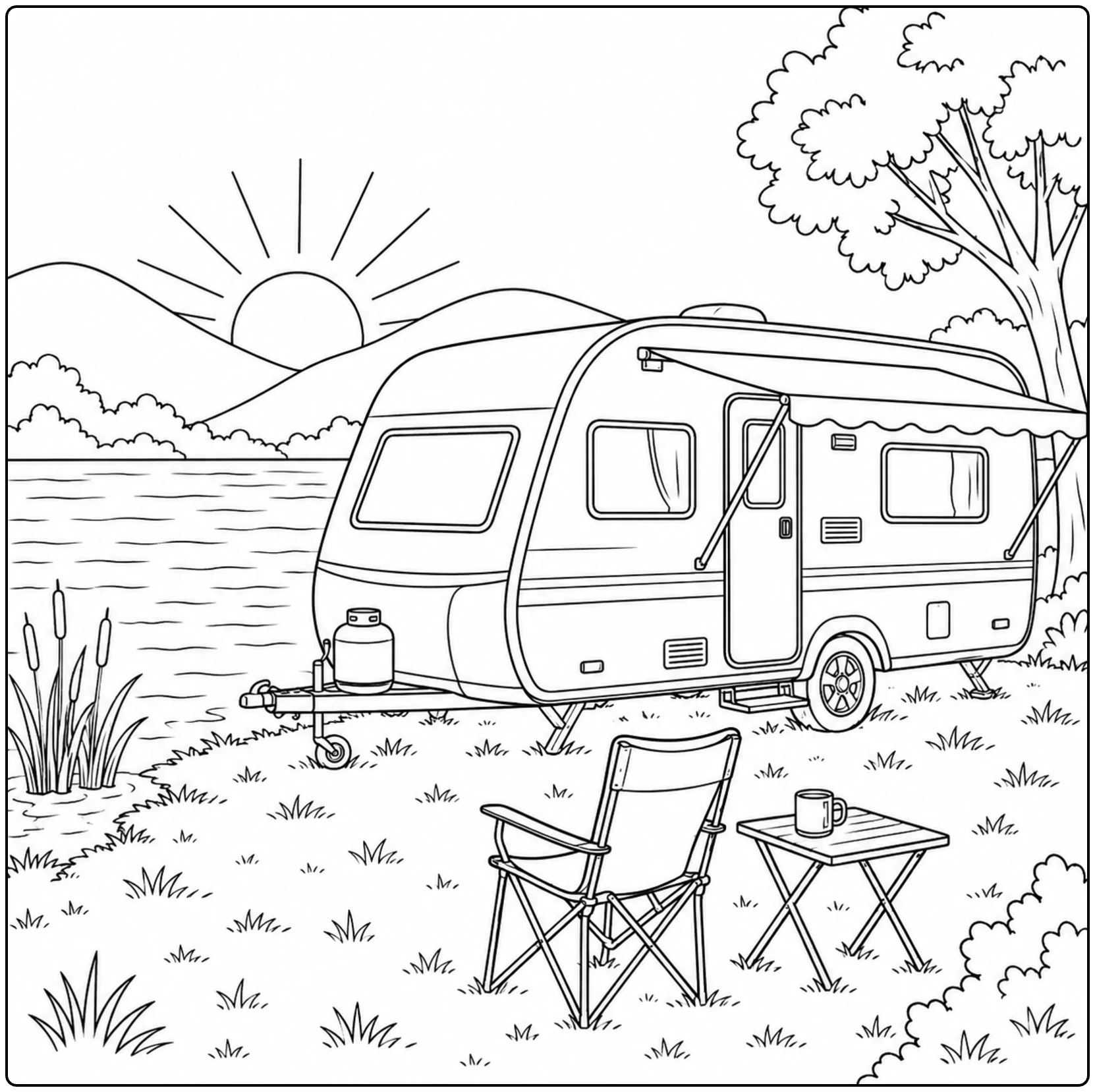 Caravan aan een kalm meer bij zonsopgang met campingstoel, tafel en verre heuvels