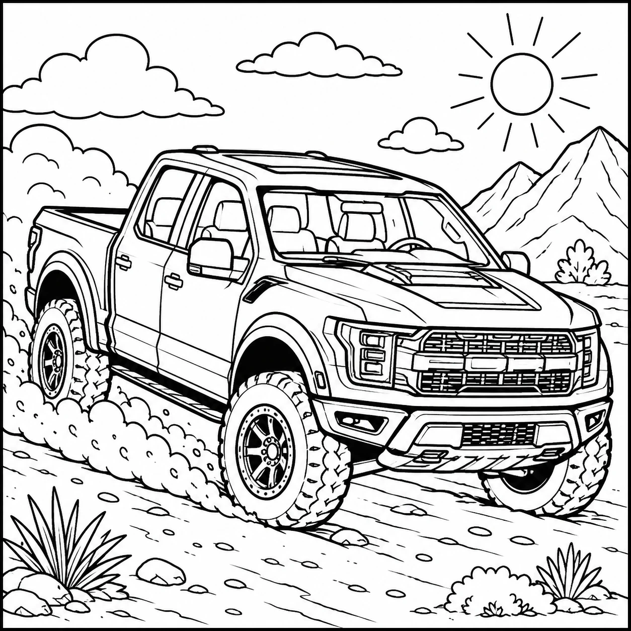 Stoere pick-up truck op een ruig terrein met grote banden en natuur