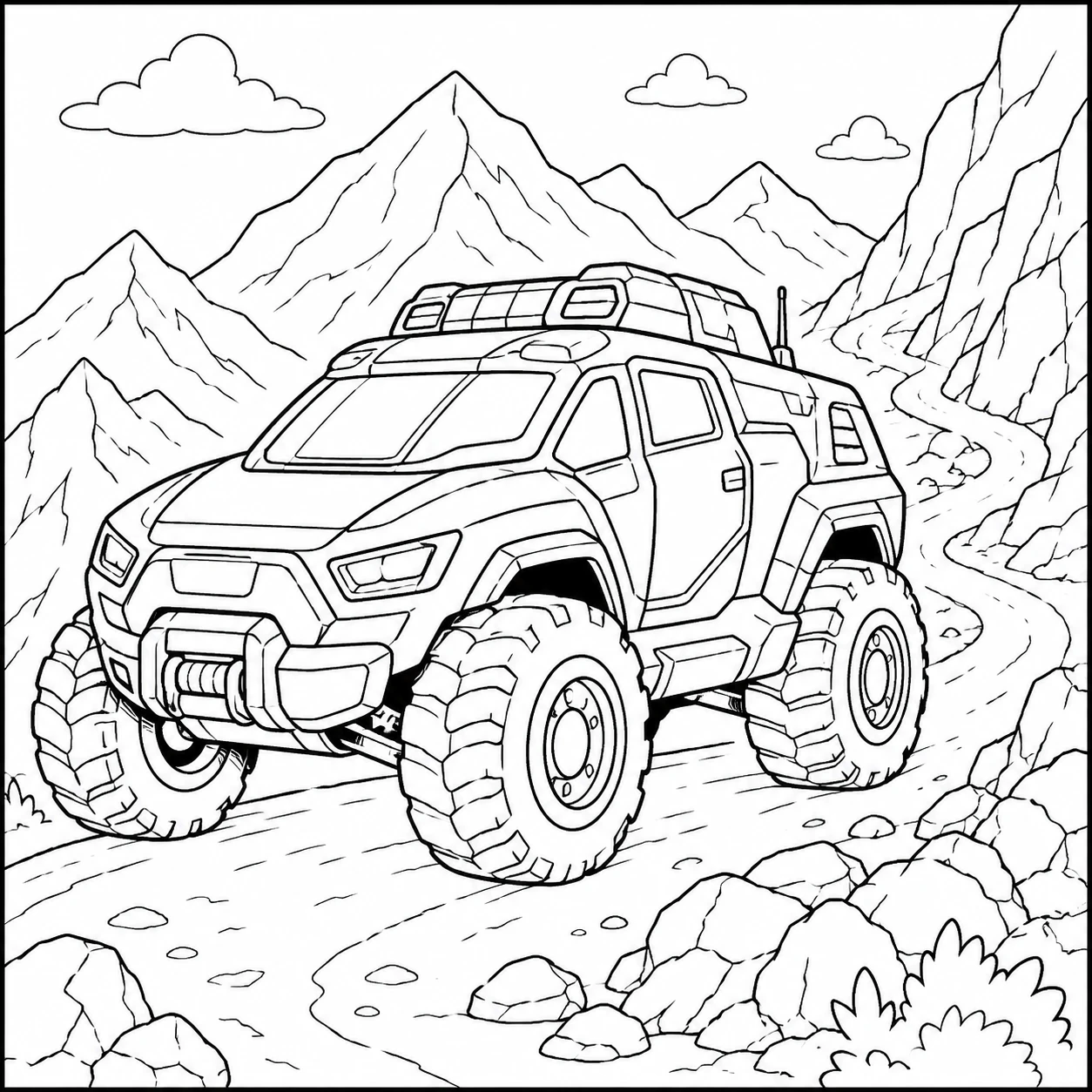 Stoere terreinwagen met grote banden op een bergachtig offroad landschap