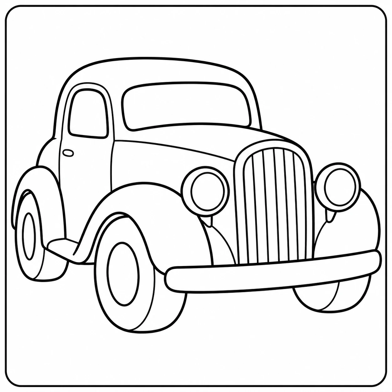 Oldtimer in driekwart vooraanzicht met ronde koplampen, brede spatborden en hoge verticale grille.