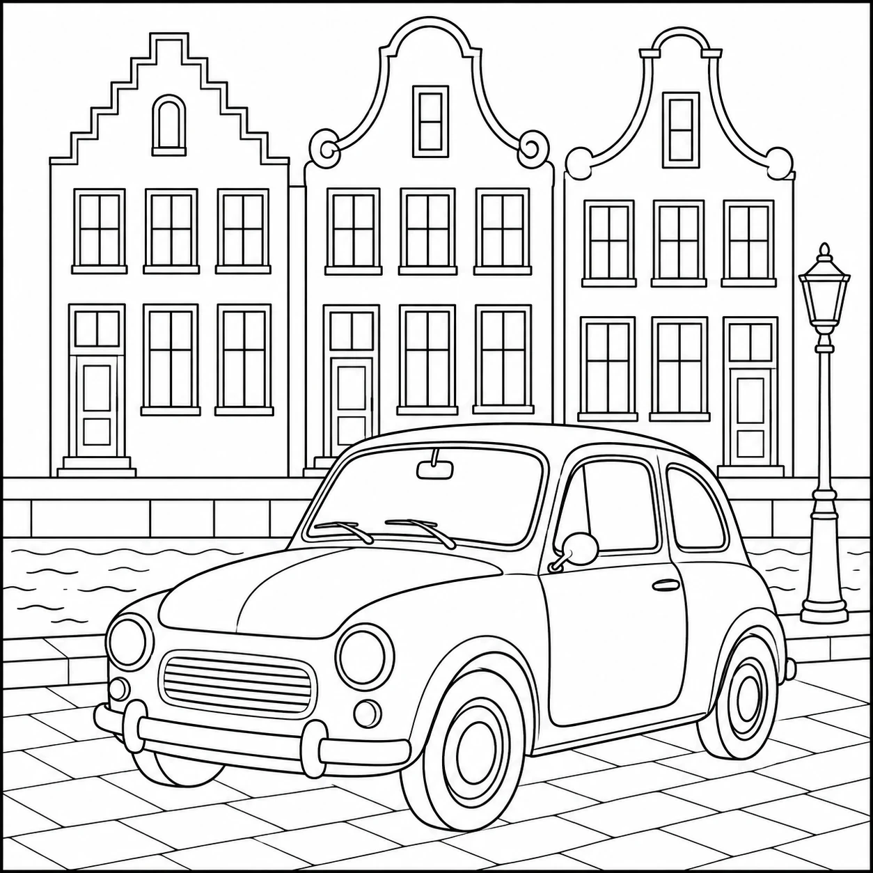 Kleine afgeronde oldtimer voor drie smalle stadshuizen met siergevels en een lantaarn.