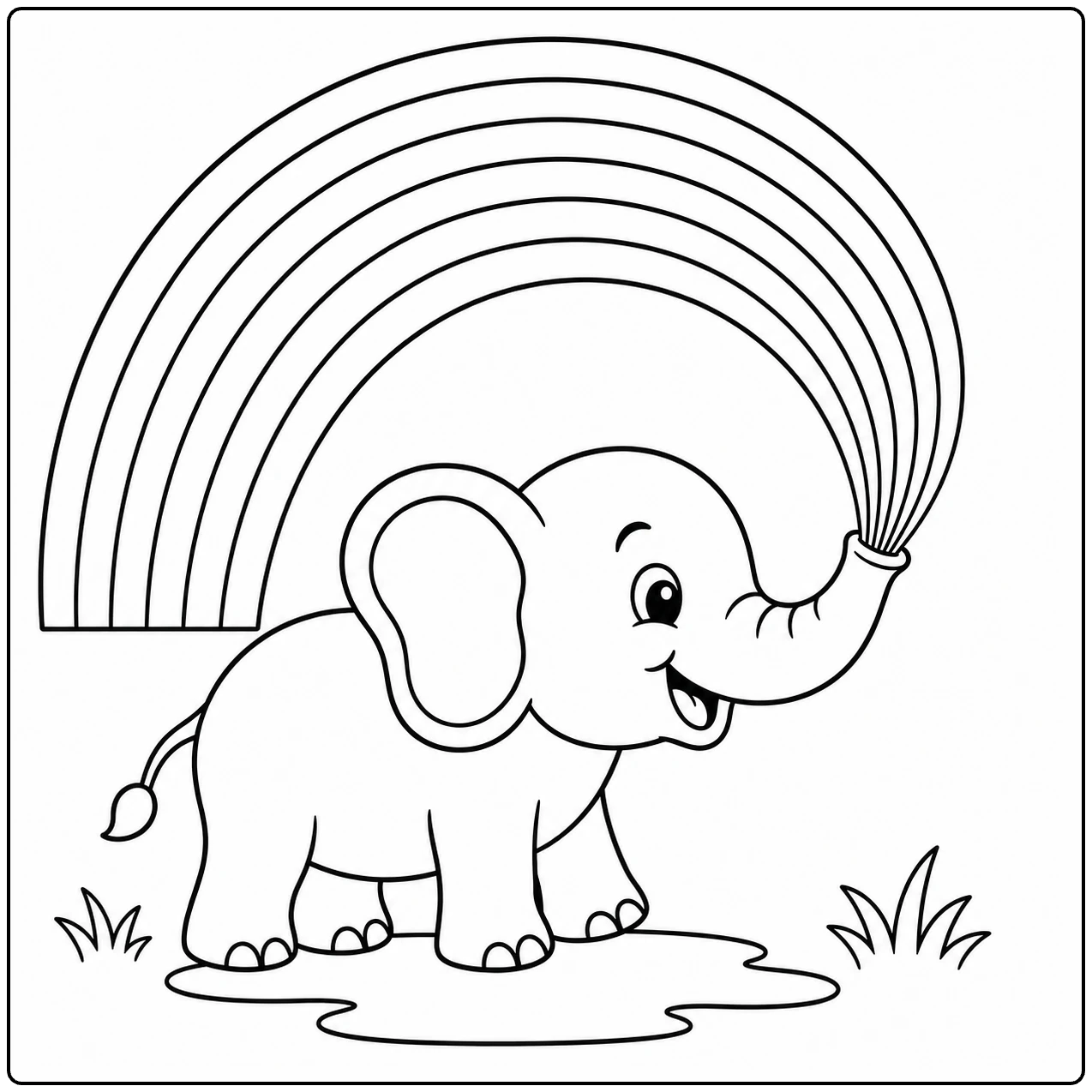 Olifant met opgeheven slurf onder een brede regenboog, omringd door gras en een kleine plas