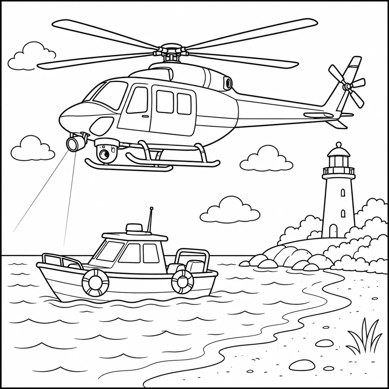 Politiehelikopter ondersteunt een kleine boot vlak bij de kust en een vuurtoren