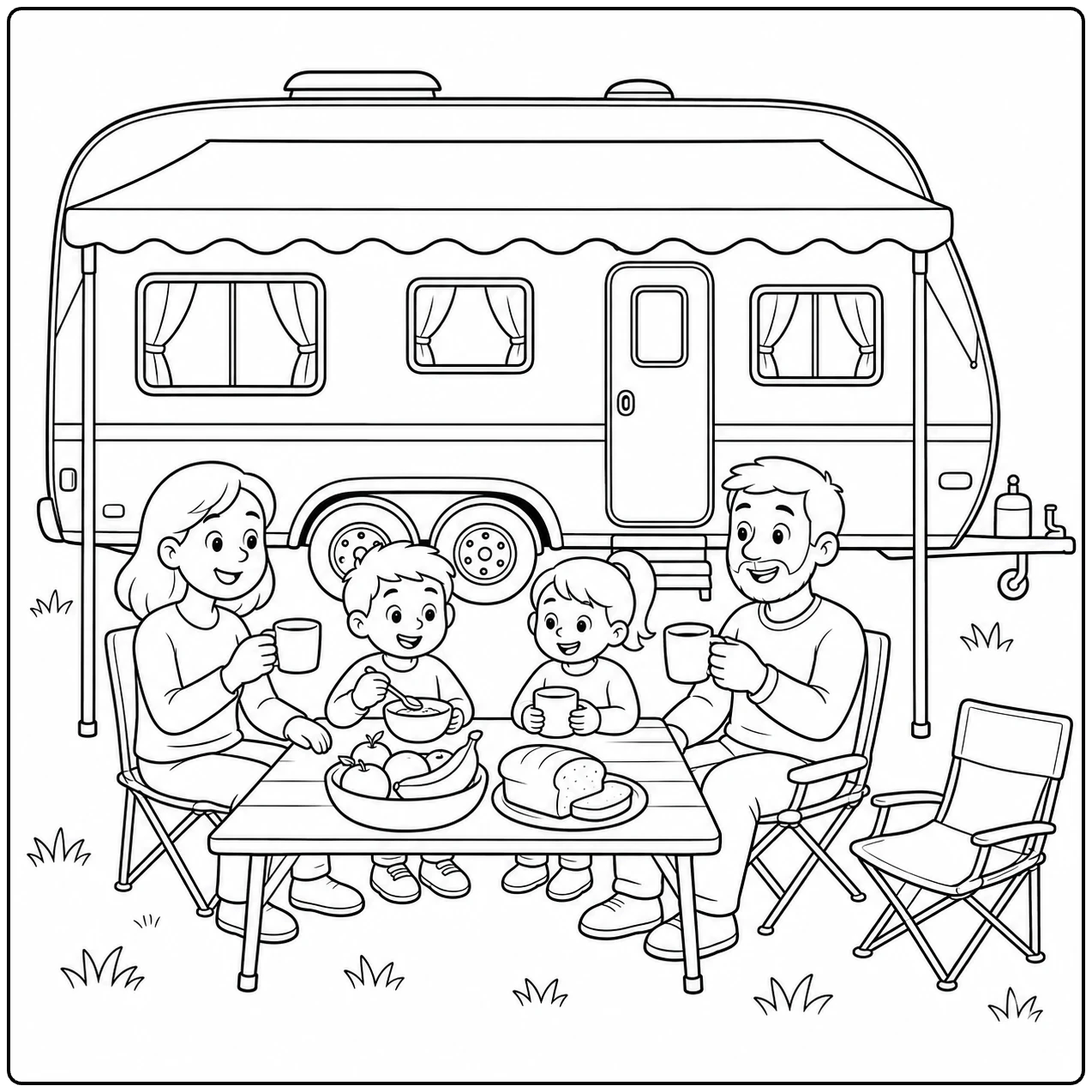 Gezin ontbijt onder de luifel met kommen, bekers, brood en fruit op de campingtafel