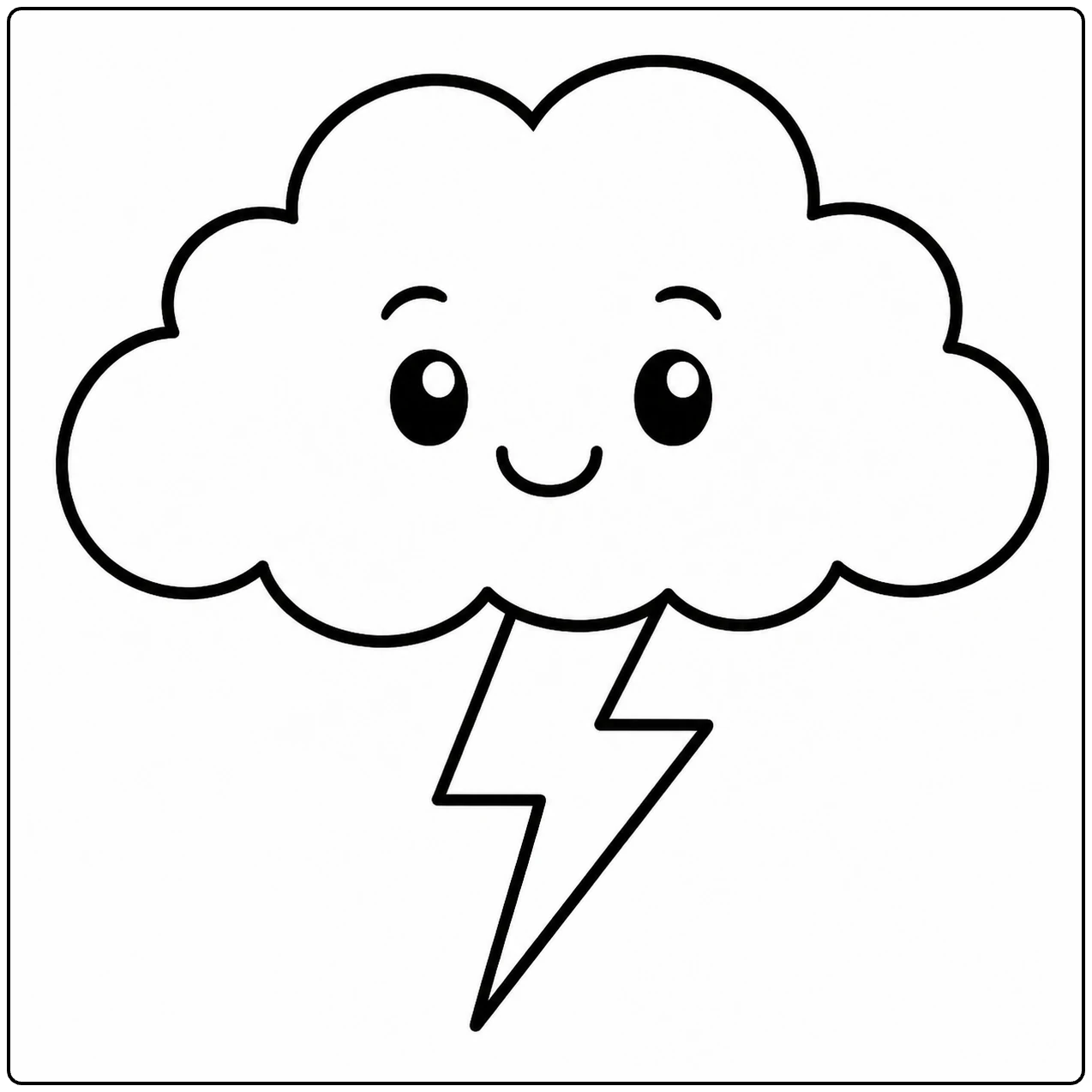 Glimlachende onweerswolk met een scherpe bliksemschicht, ideaal voor een Wolken Kleurplaat.