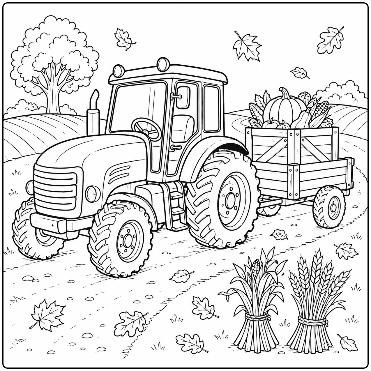 Stevige tractor trekt een wagen vol geoogste groenten langs bundels gewas en dwarrelende bladeren