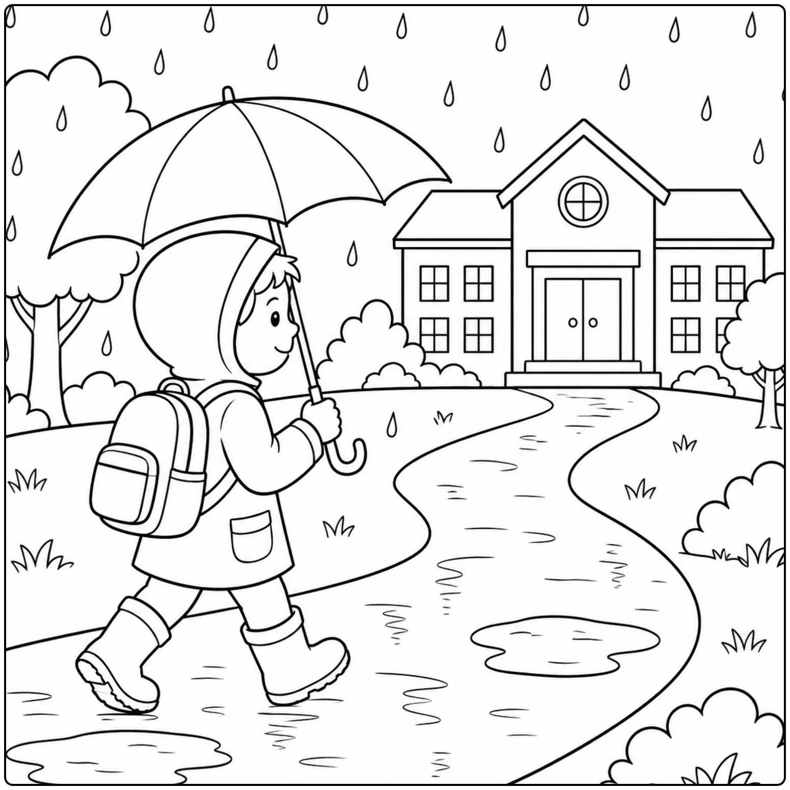 Kind met rugzak en paraplu loopt over een nat pad naar school in de Regen Kleurplaat
