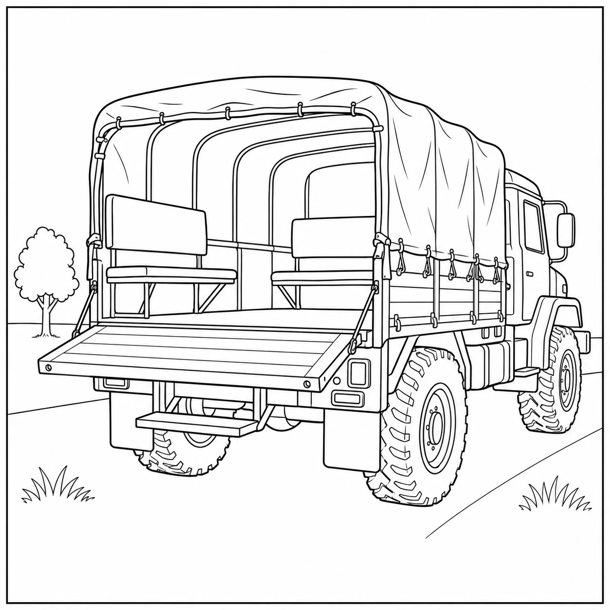 Achteraanzicht van een huiftruck met geopende laadklep, zichtbare banken en grove banden.