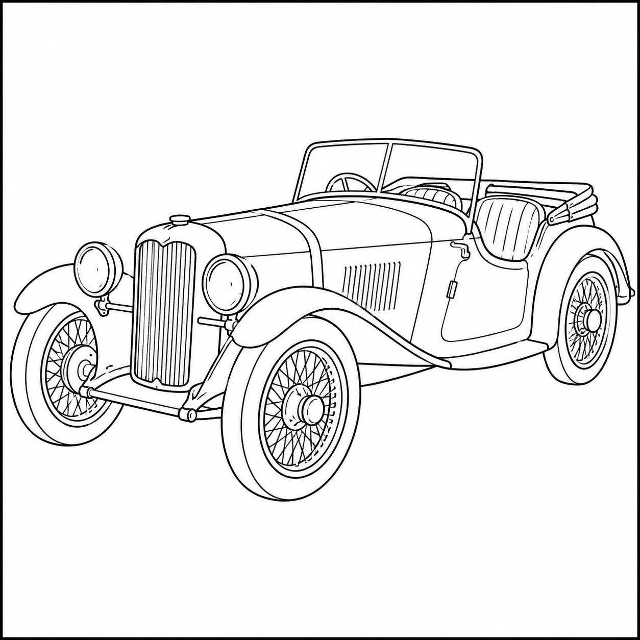 Open klassieke roadster met spaakwielen, lange motorkap en neerklapbare voorruit op witte achtergrond.