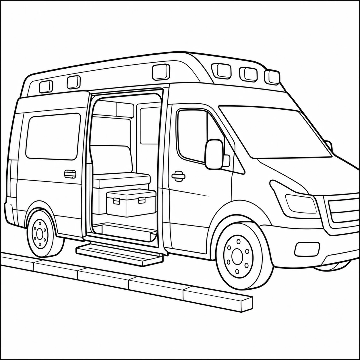 Hoge ambulance met geopende schuifdeur, zichtbare bank, opstap en grote opbergkoffer