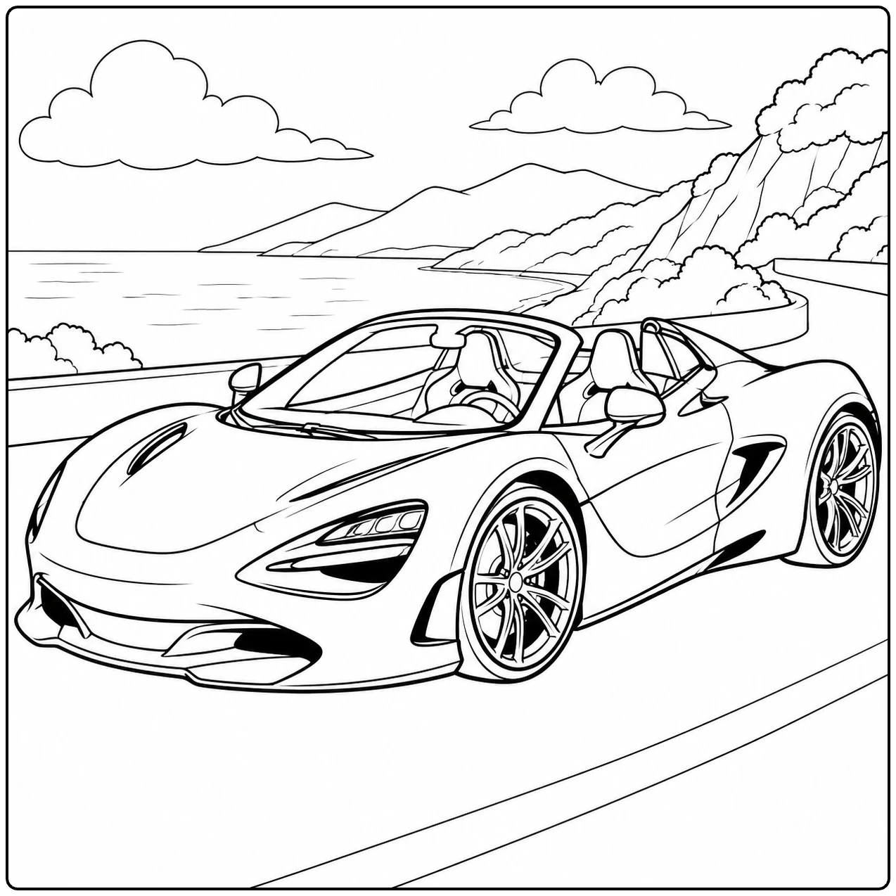kleurplaat auto mclaren waarop een open sportwagen langs een bergweg en landschap staat
