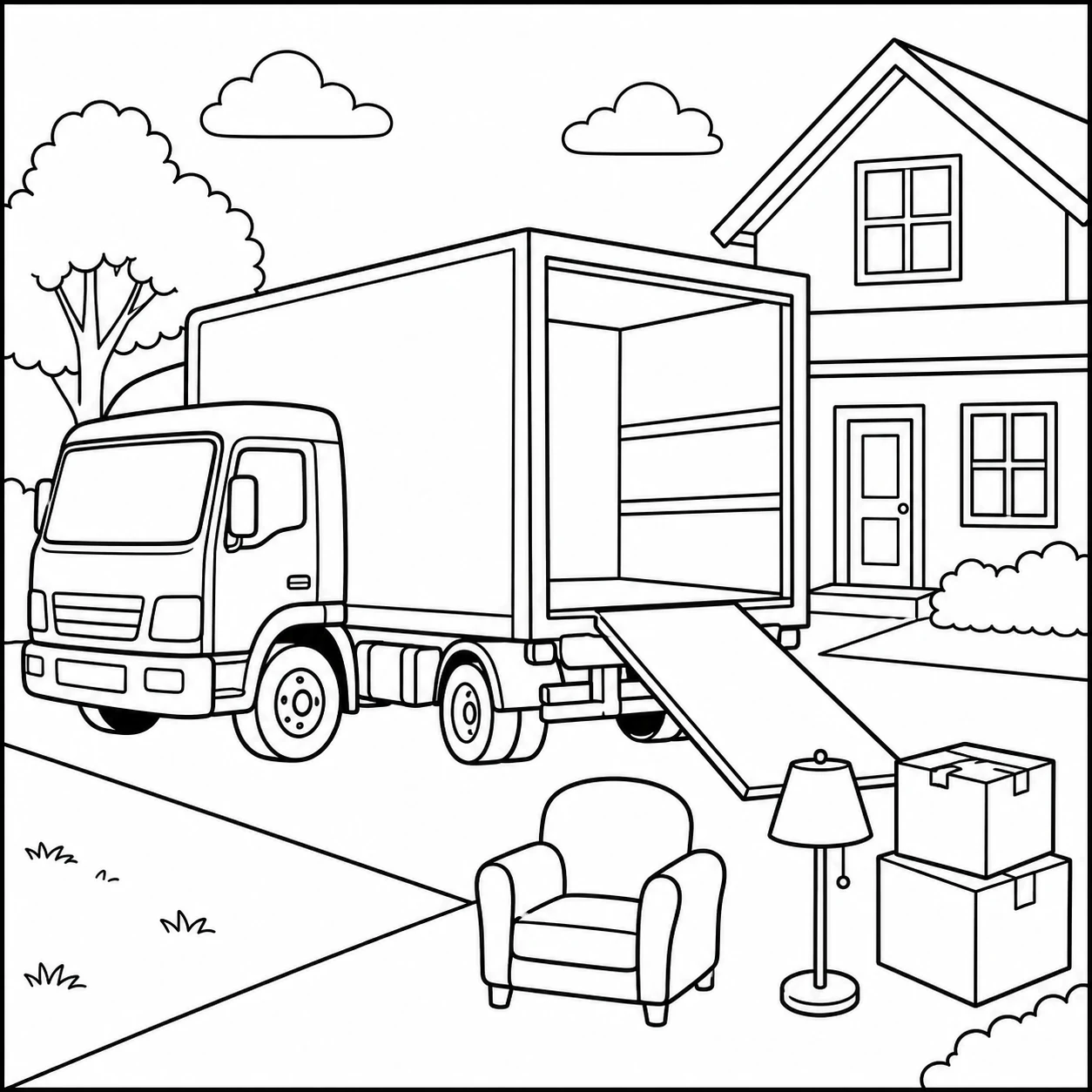 Bakwagen met geopende laadklep staat voor een huis, omringd door een stoel, lamp en verhuisdozen.