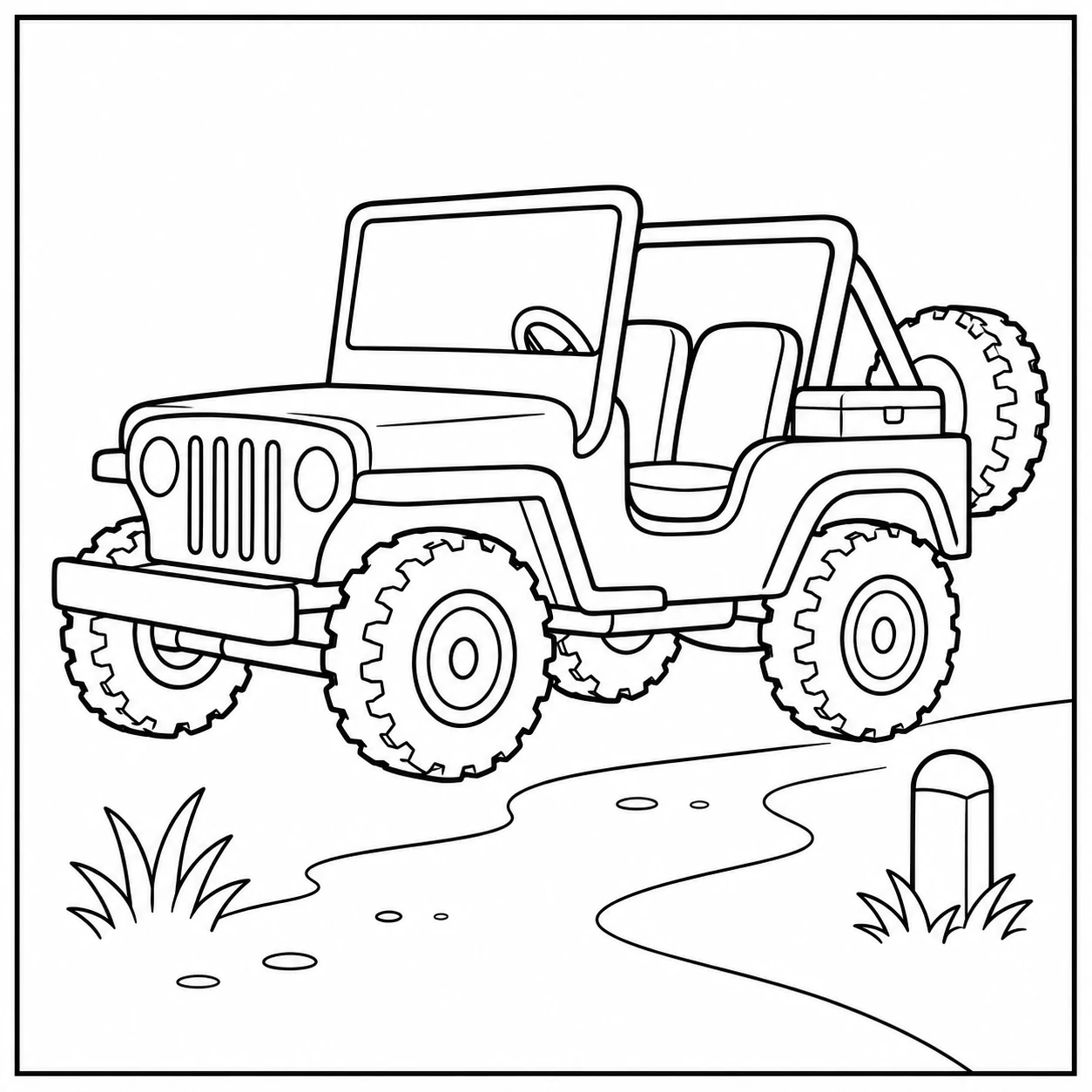 Open verkenningsjeep met reservewiel naast een kronkelend pad en gras.