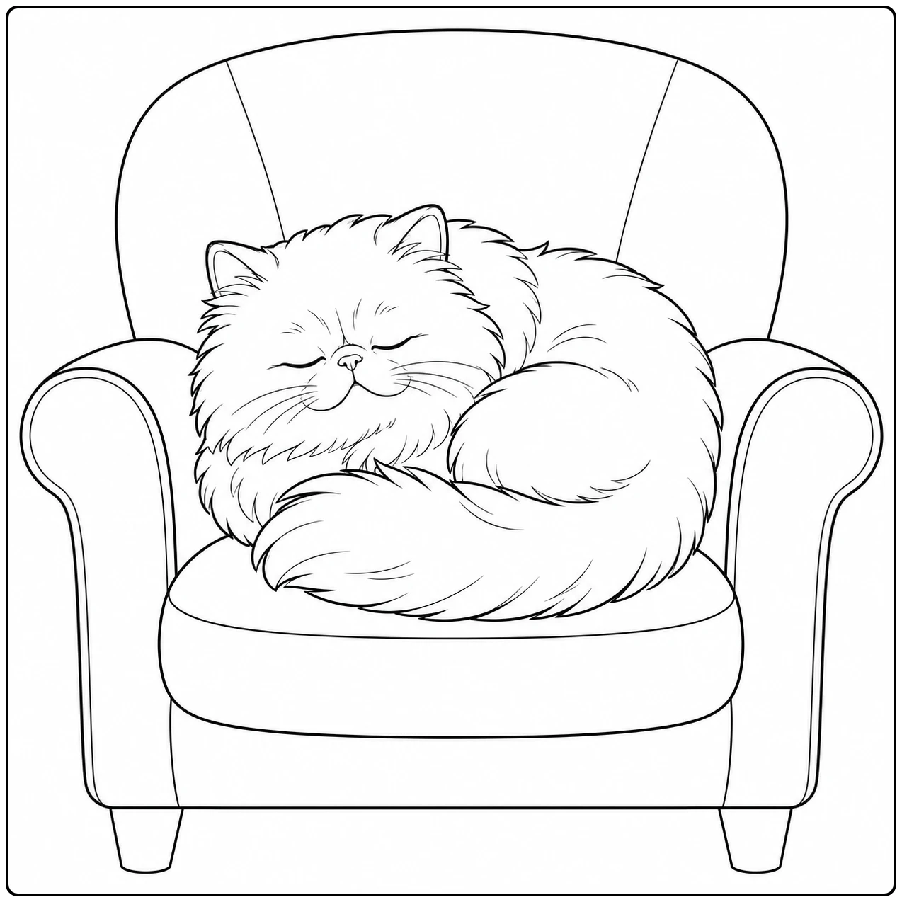 Een kleurplaat perzische kat ligt rustig opgerold te slapen in een zachte fauteuil.