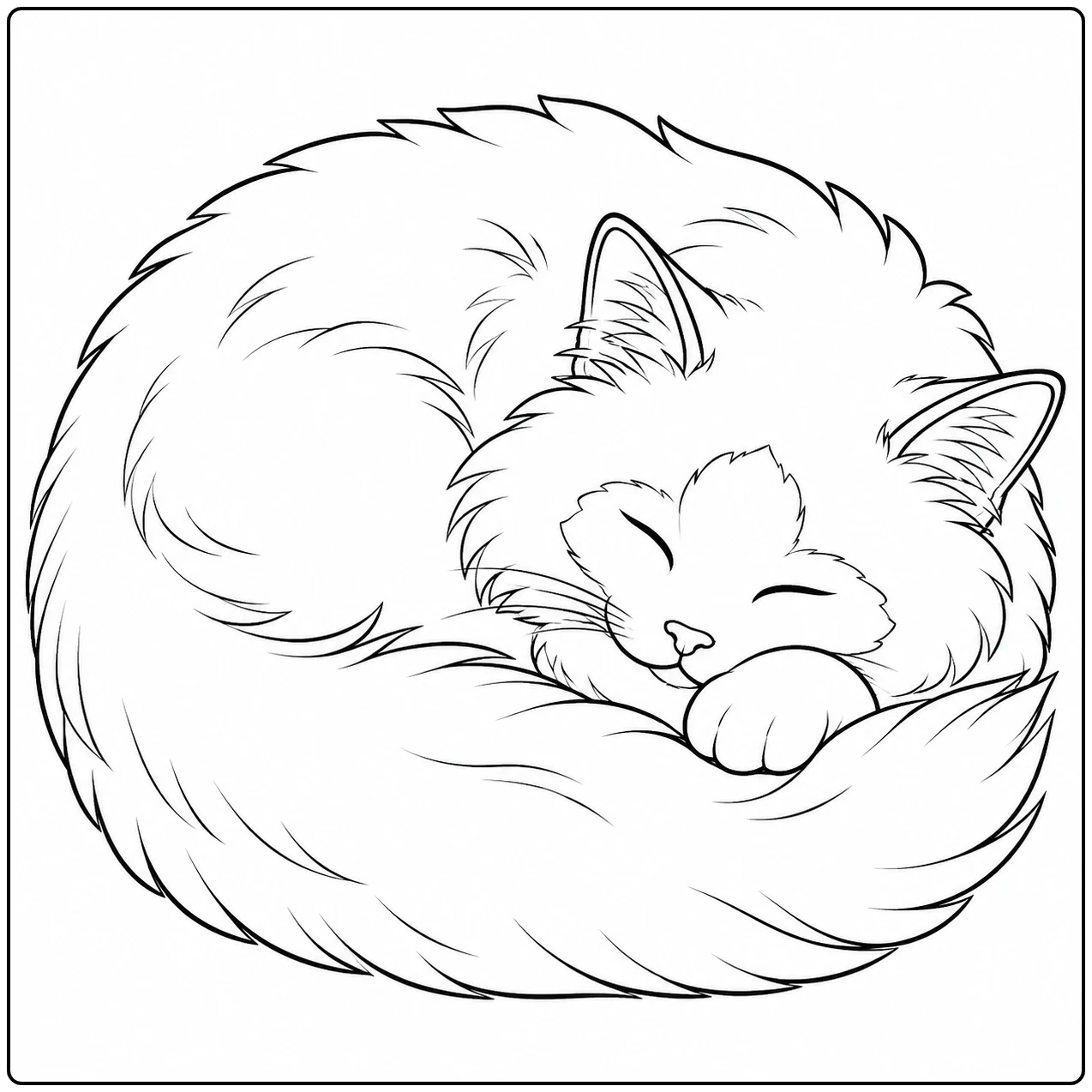 Opgerolde Birmaanse kat slaapt met haar kop op de voorpoten, omringd door een zachte pluimstaart.