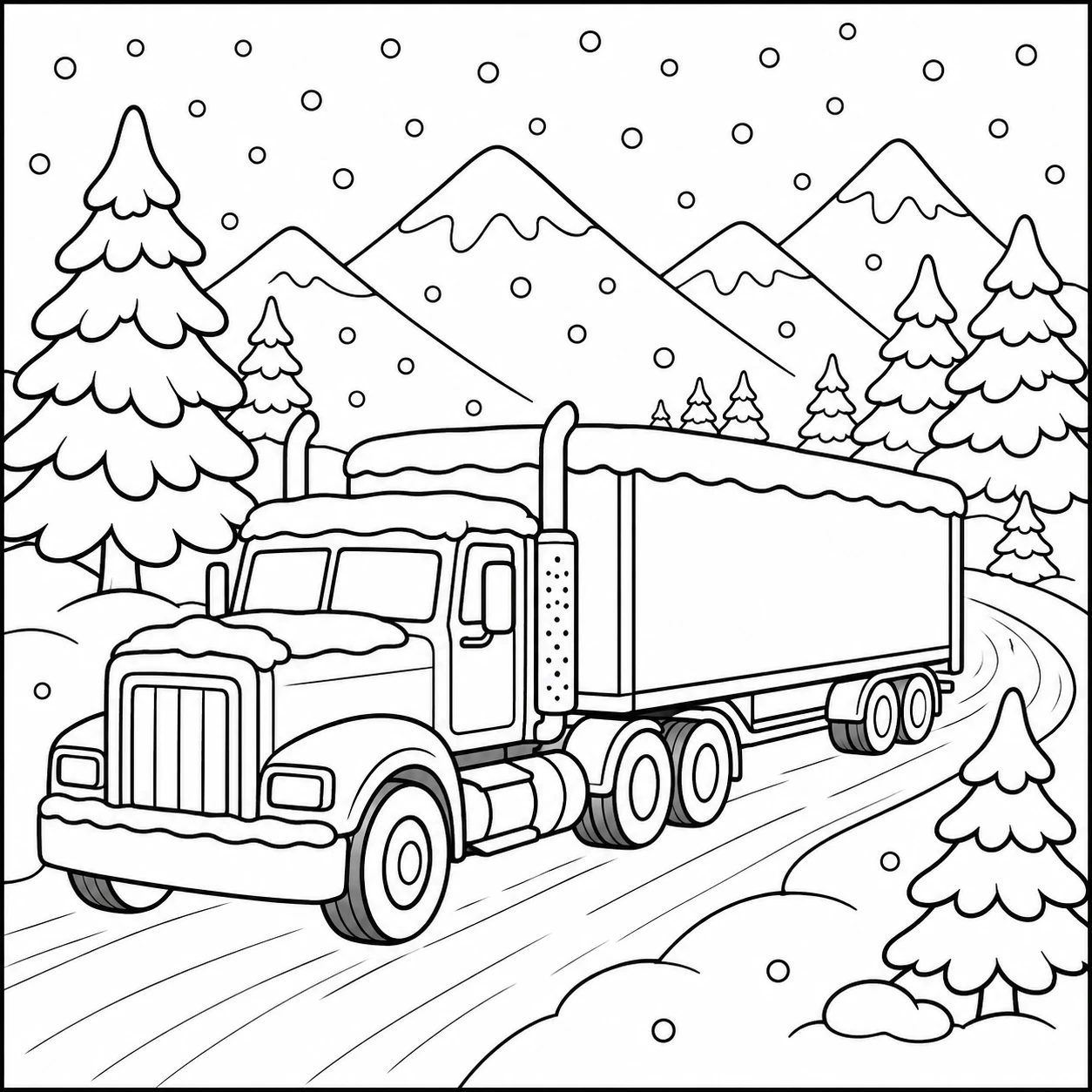 Sneeuw valt rond een kleurplaat vrachtwagen met oplegger op een winterse bergroute.