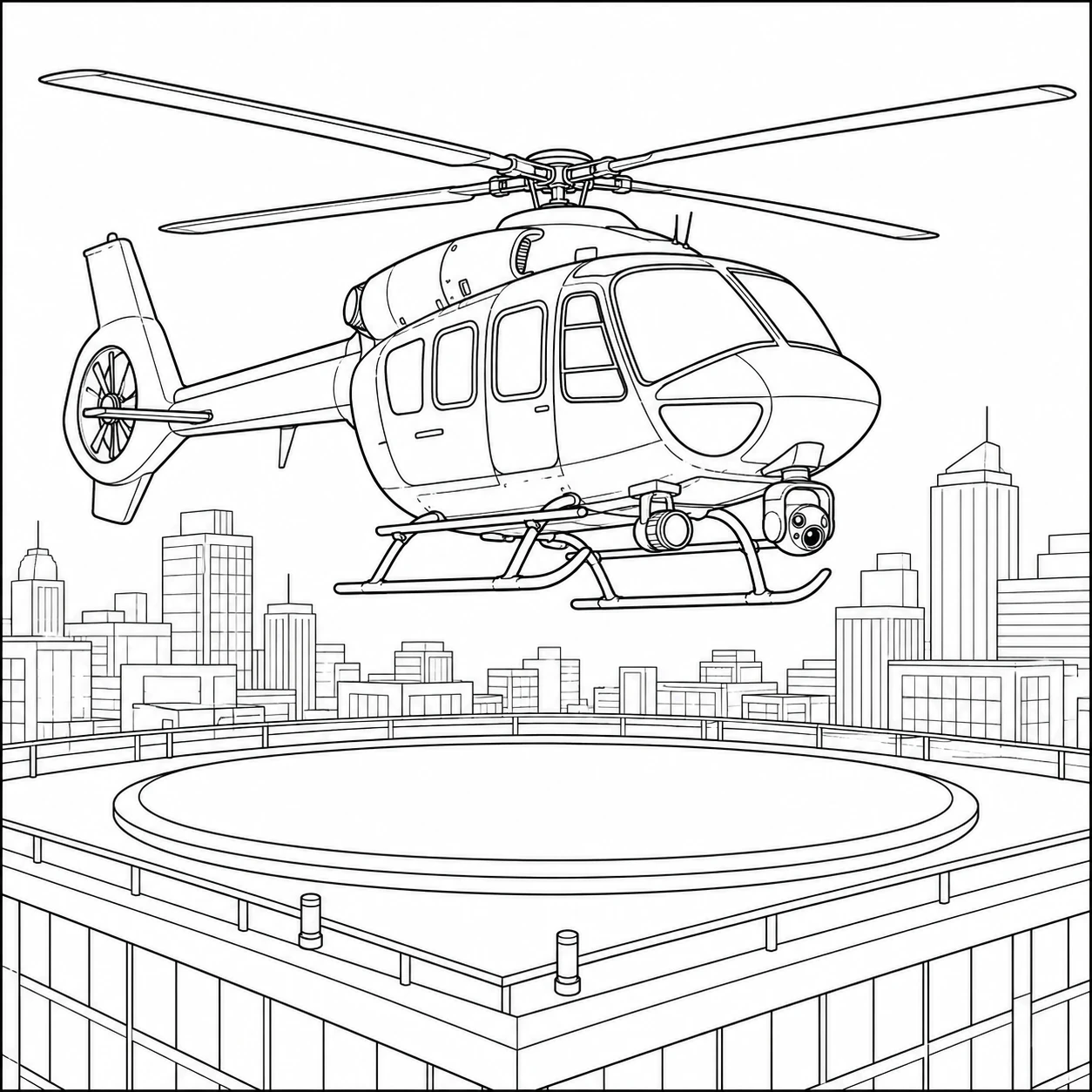 Boven een landingsplatform op een stadsdak zweeft een politiehelikopter