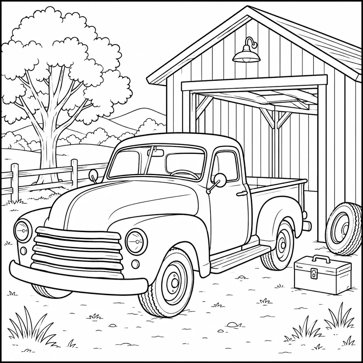 Oude pick-uptruck voor een open garage, met een reserveband en gereedschapskist ernaast.