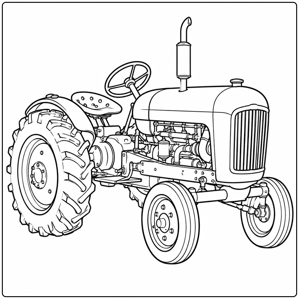 Oude landbouwtractor schuin van voren met open zitplaats, smalle voorwielen en zichtbare motor
