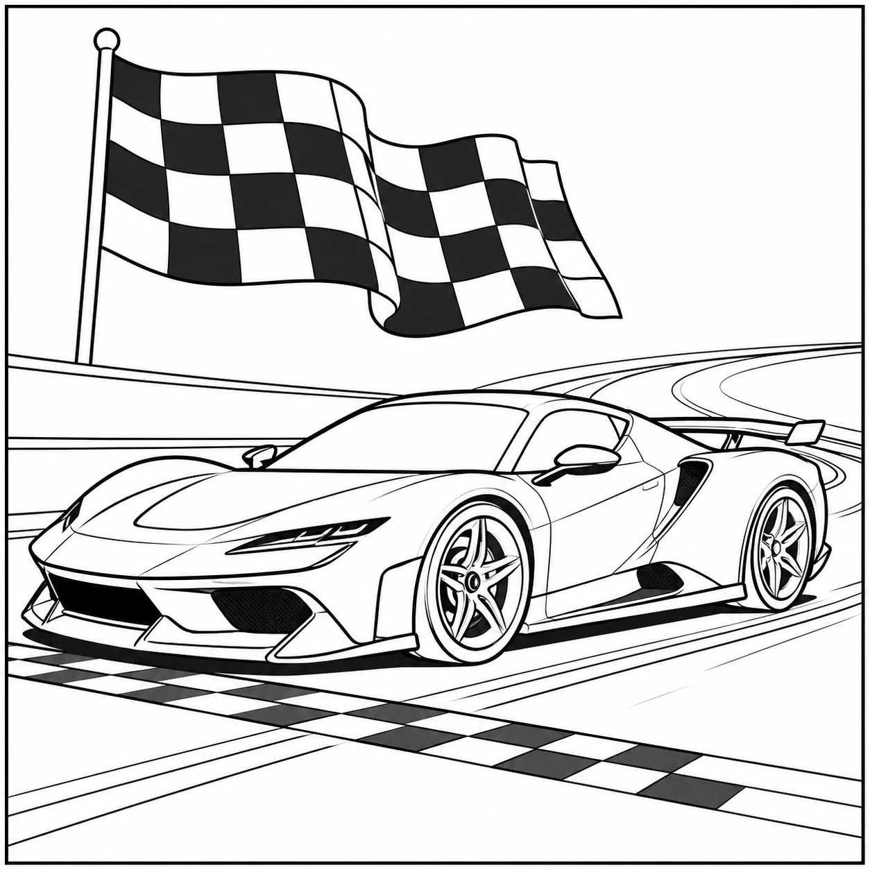 Wapperende finishvlag boven een kleurplaat auto ferrari die over de geblokte streep rijdt