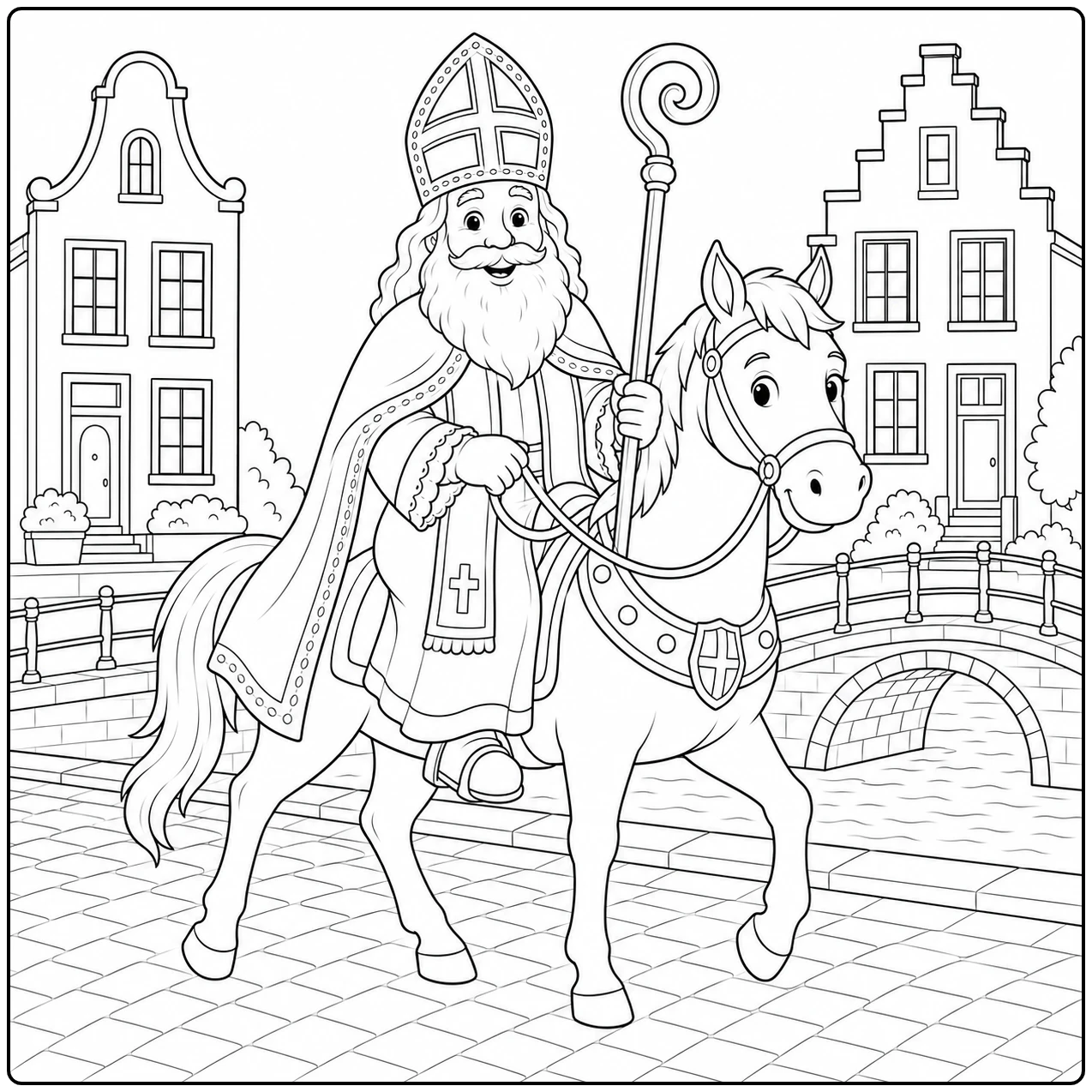 De Sint rijdt met staf door een oude stadsstraat op zijn paard, een rustige Sinterklaas Kleurplaat.