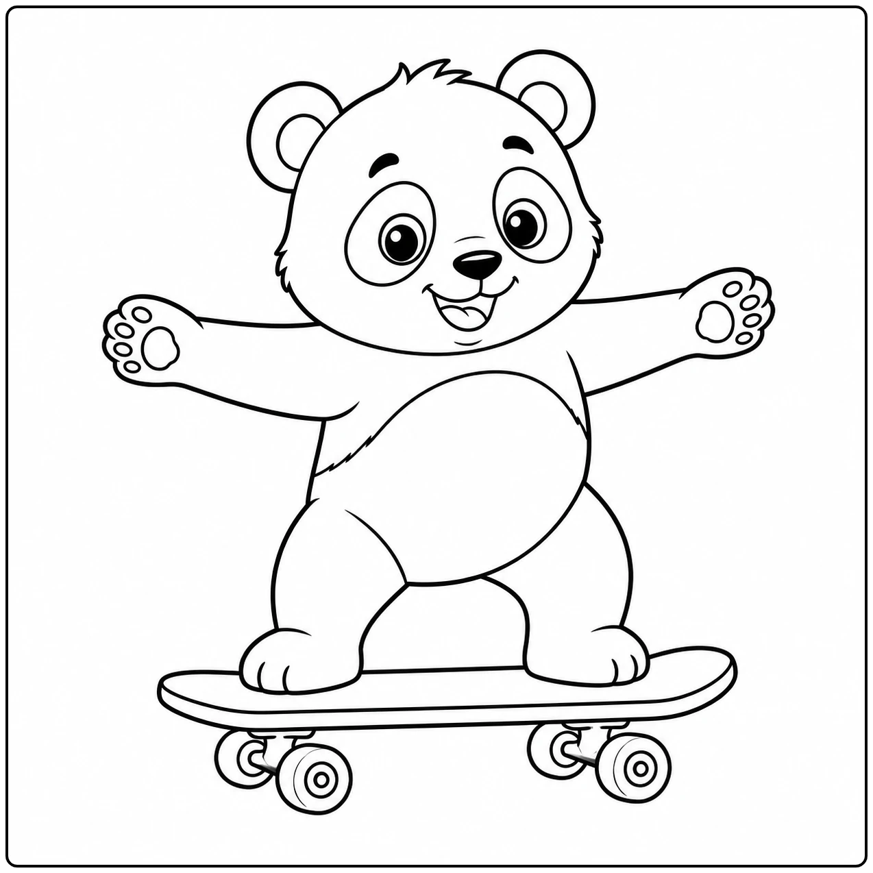 Panda balanceert met gespreide armen op een skateboard en kijkt vrolijk naar voren