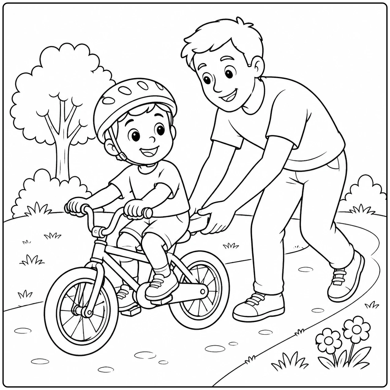 Een vader helpt zijn kind tijdens het fietsen op een pad, een warme scène voor kleurplaat fiets