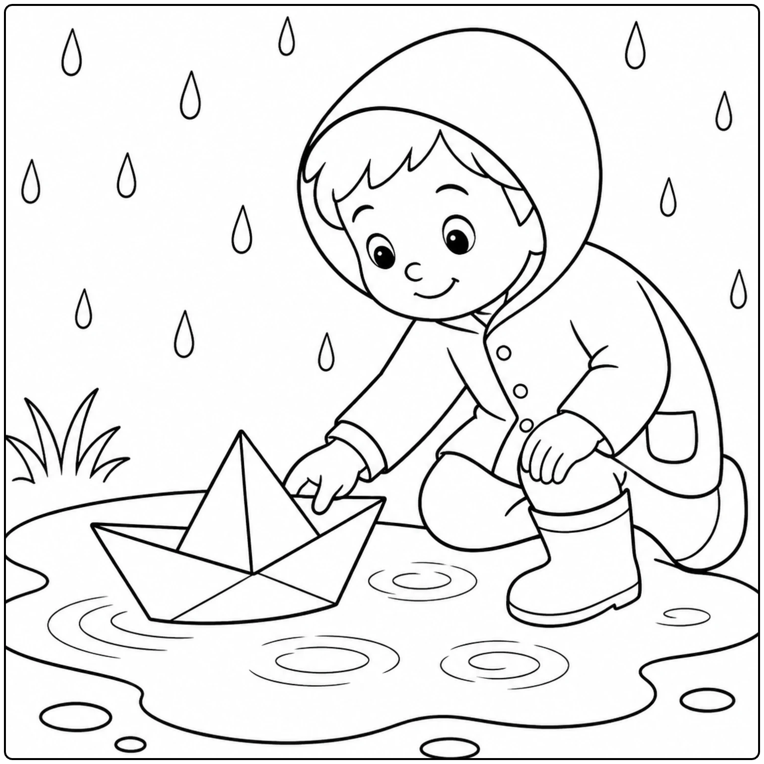 Kind knielt bij een plas en laat een papieren bootje op het regenwater varen