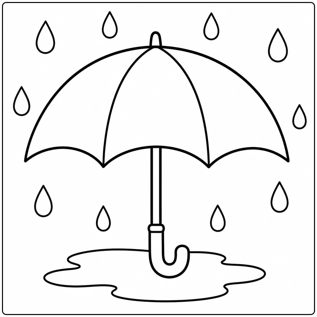 Open paraplu boven een plas in deze Regen Kleurplaat met grote vallende regendruppels