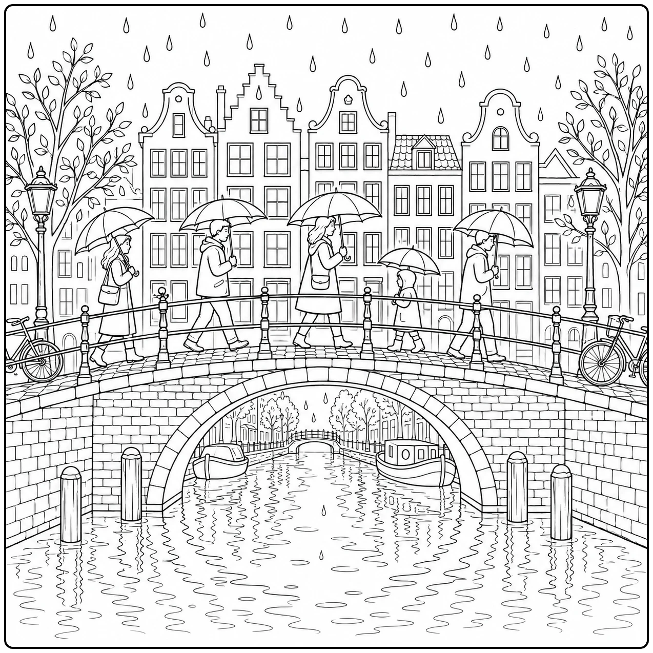 Regen Kleurplaat met paraplu’s op een grachtenbrug, rijhuizen en fietsen langs het water
