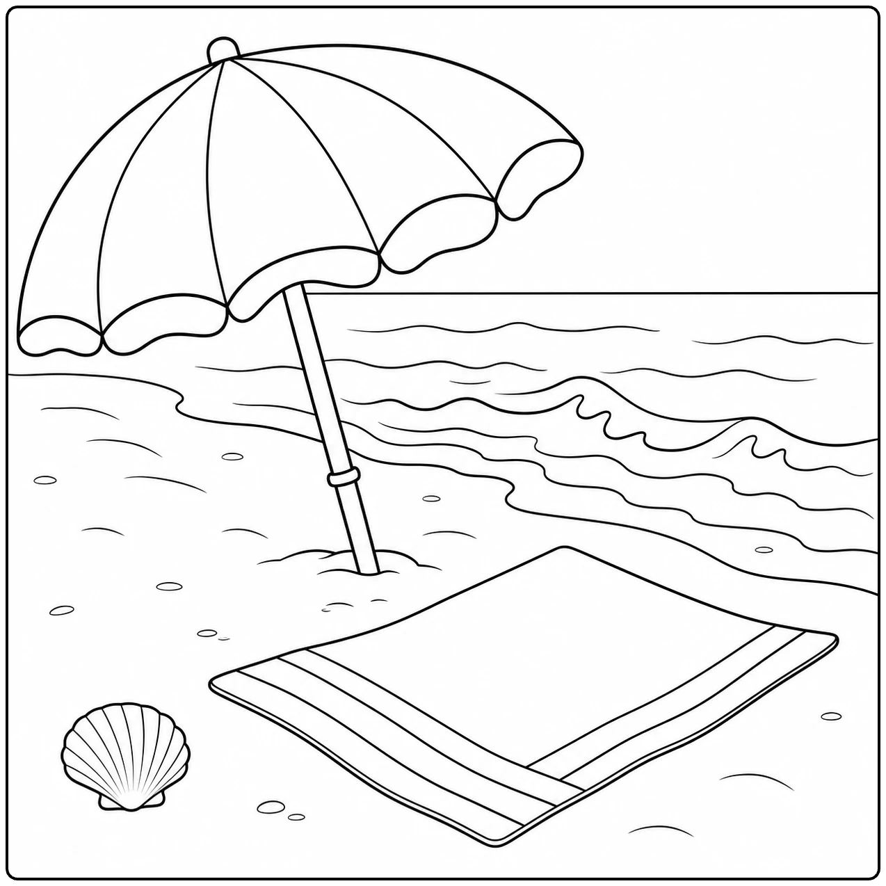 Strandparasol bij golven met handdoek en schelp, passend bij een rustige kleurplaat zee