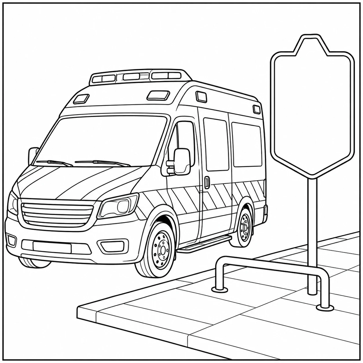 Geparkeerde ambulance naast een leeg informatiebord, stoep en lage straatbeugel