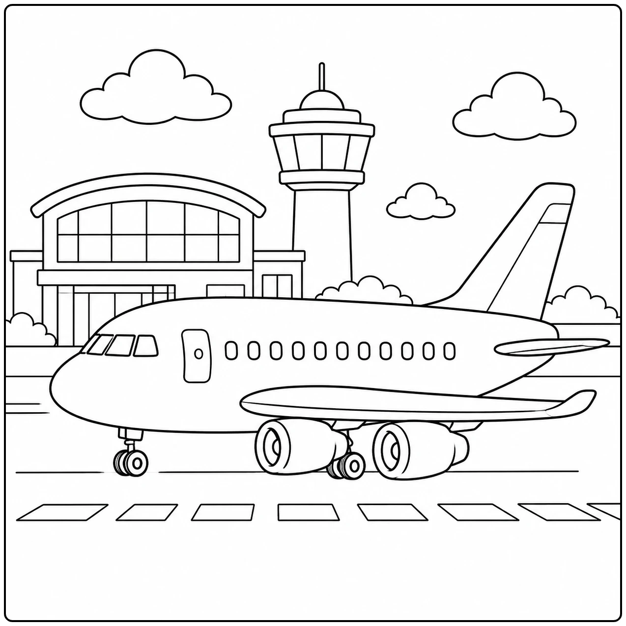 Vliegtuig op de luchthaven kleurplaat met een passagiersjet voor een terminal en verkeerstoren.