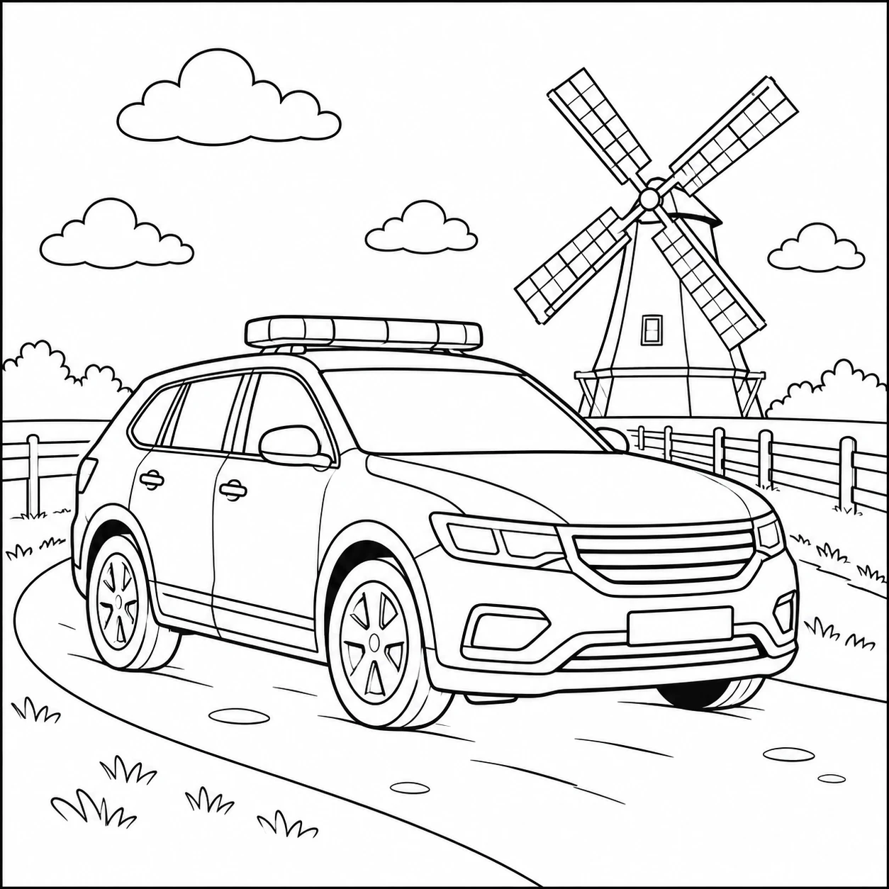 Politieauto geparkeerd bij een traditionele windmolen langs een rustige landweg met houten hek.
