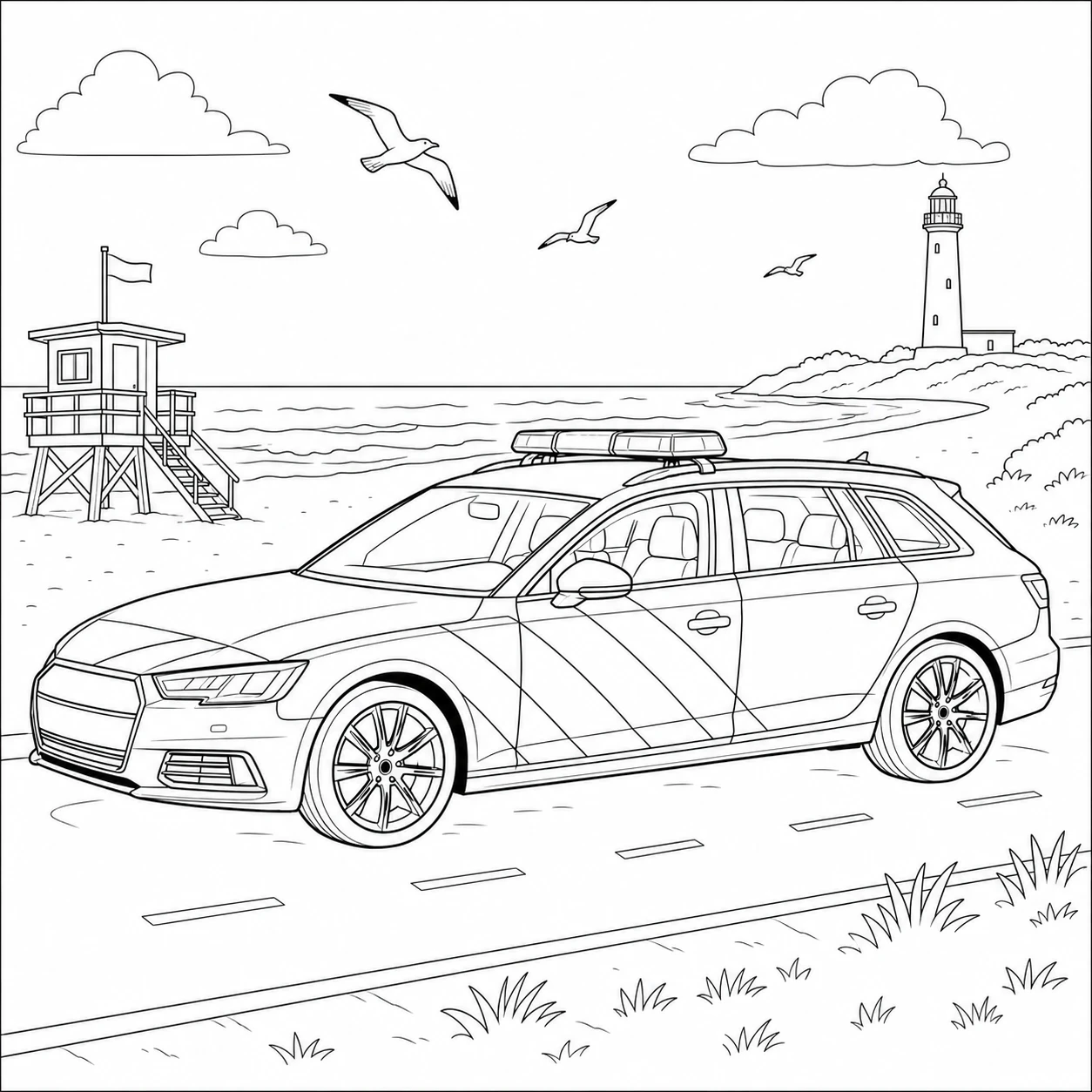 Politieauto rijdt langs een brede kustweg met strandpost, meeuwen en vuurtoren op de achtergrond.