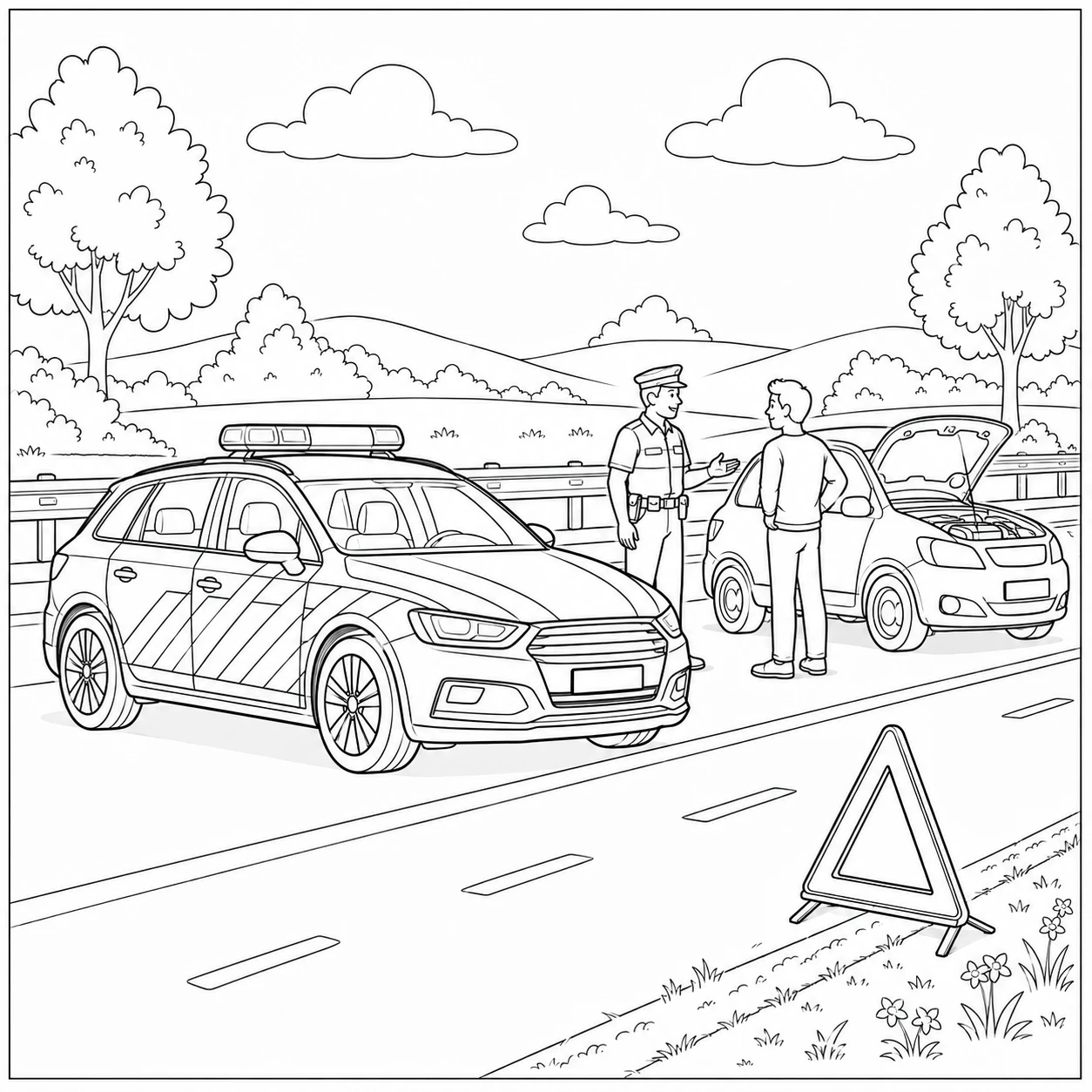 Een agent helpt bij autopech langs de snelweg, met een kleurplaat politieauto en gevarendriehoek.