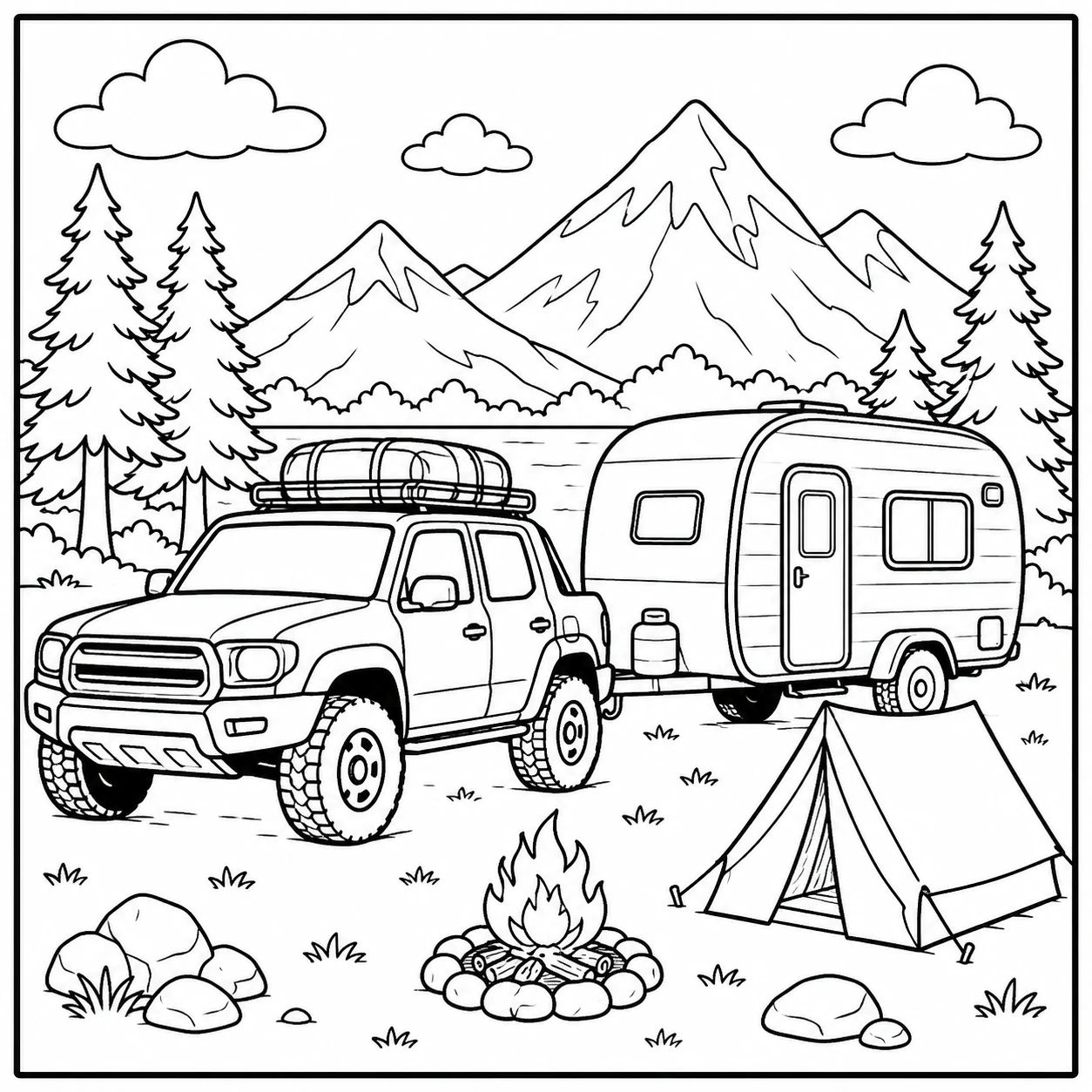 Pick-up trekt een caravan langs een tent en kampvuur in een bergachtig kampeergebied.